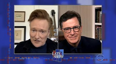 Stephen Colbert from home, with Conan O'Brien, Michael Stipe