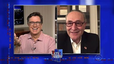 Stephen Colbert from home, with Chuck Schumer, Paul Giamatti