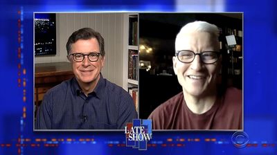 Stephen Colbert from home, with Anderson Cooper, Mark Foster