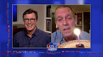 Stephen Colbert from home, with Hugh Laurie; Benjamin Gibbard