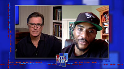 Stephen Colbert from home, with Charlamagne Tha God, Tunde Adebimpe