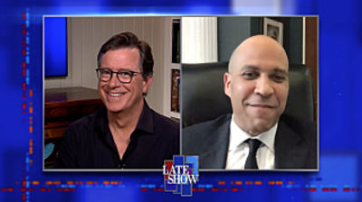 Stephen Colbert from home, with Senator Cory Booker, Brian Wilson
