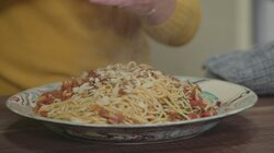 Harissa & Fire-Roasted Tomato Spaghetti with Speck and Toasted Almonds