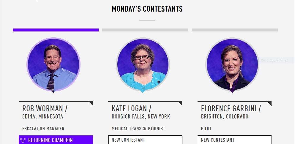 Rob Worman Vs Kate Logan Vs Florence Garbini Show 7636 Jeopardy