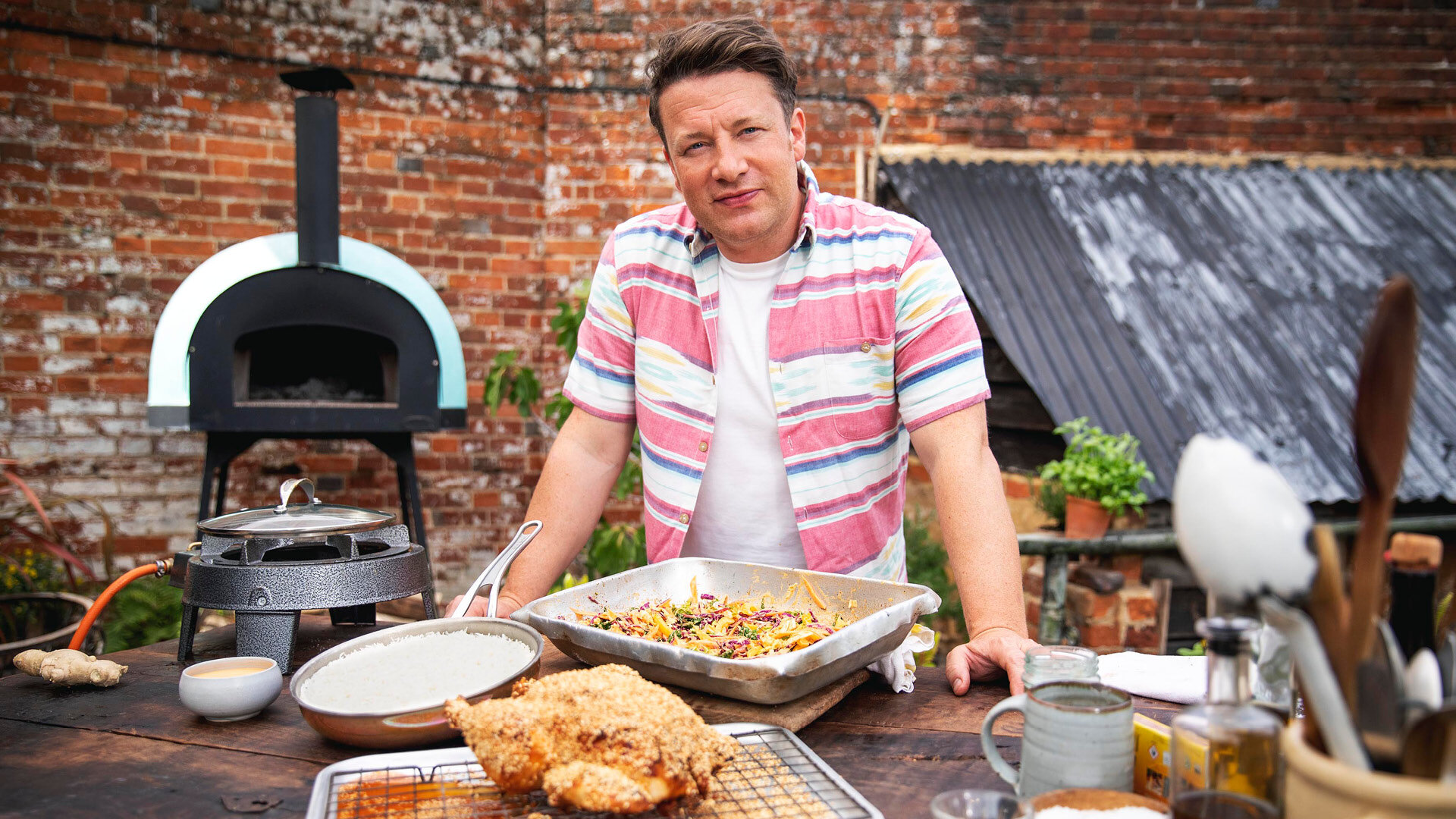 Jamie: Keep Cooking Family Favourites S1 E04 – Kimchi Roast Chicken, Salmon Traybake, Pink Cake